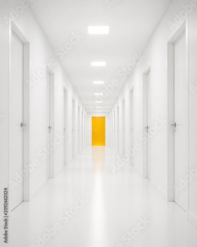 Yellow door at the end of white corridor symbolizing opportunity and destination