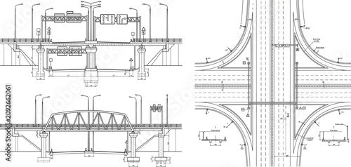 Cuadro en lienzo Highway overpass blueprint drawing collection showing road junction layout and b