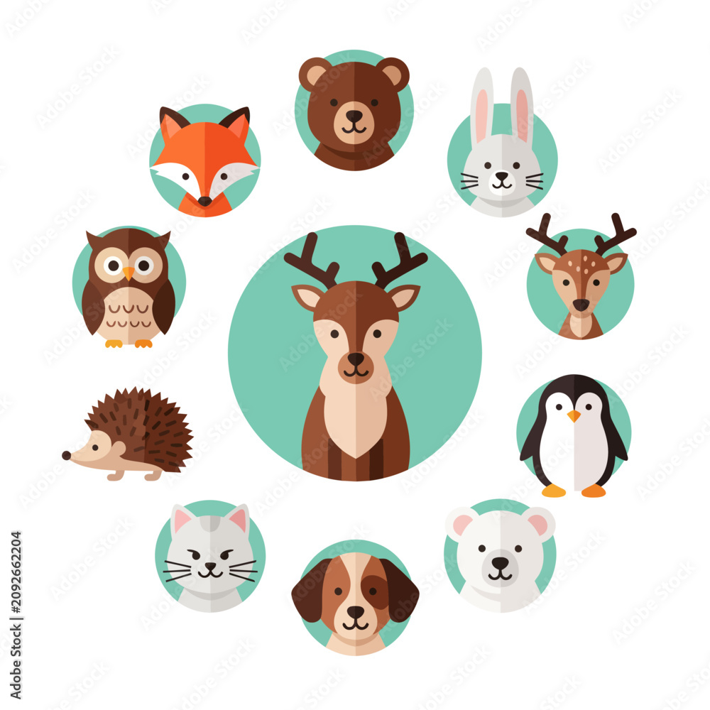 Naklejka premium Cute Woodland Animals Circle Collection: Fox, Bear, Rabbit, Deer, Owl, Penguin, Cat, Dog, Polar Bear
