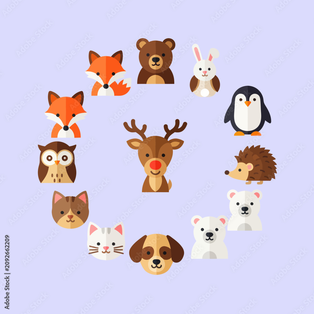 Naklejka premium Cute Woodland Animals Circle Collection Flat Design