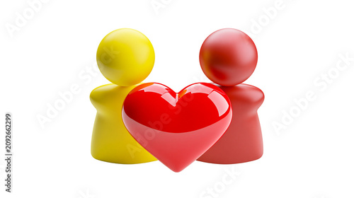Two stylized figures one yellow and one red embracing a shiny red heart, isolated on transparent background