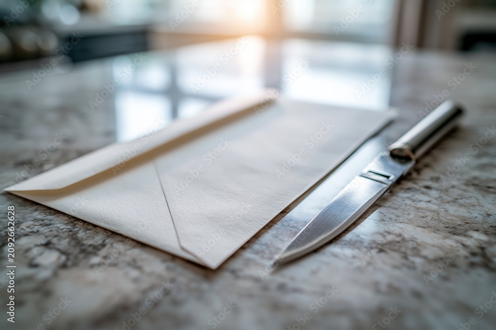 Fototapeta premium Knife and Envelope on Marble Surface