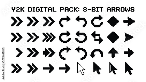 Collection of various black 8bit pixelated arrow icons on white background  arrows  8bit  pixel art  digital graphics