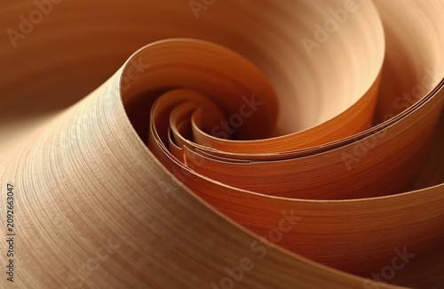 Rolled wood veneer sheets show natural grain patterns in warm brown tones. Abstract spiral curves create a textured organic background for design and interior projects.