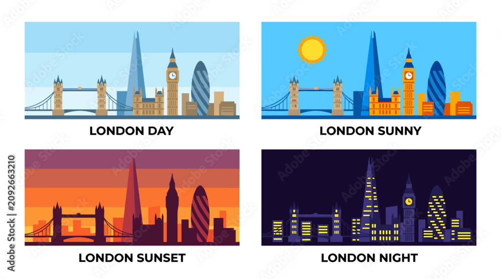 Obraz premium Colorful London Skyline Day, Sunny, Sunset and Night Vector Illustration Collection with Flat Modern Landmark Cityscape Design
