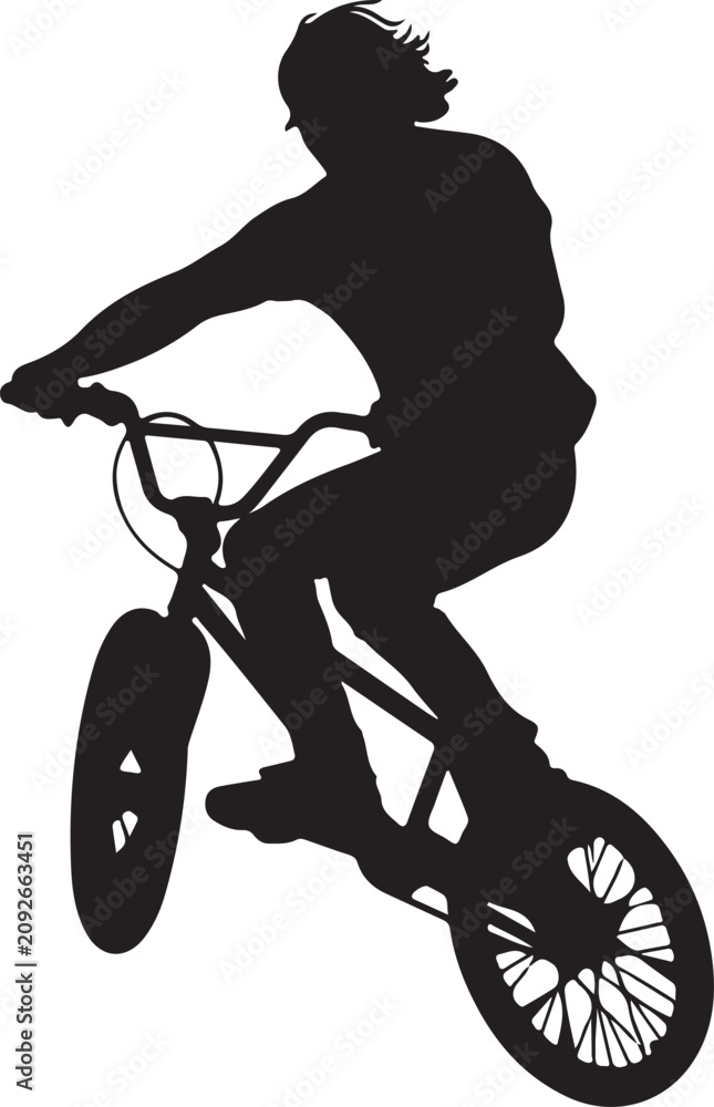 Obraz premium Black silhouette of a young man riding a bmx bike doing a trick, active lifestyle and extreme sports concept