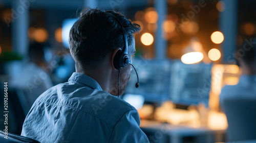 Faceless young Caucasian male call center worker wearing a phone headset talking at a support line in a modern open plan office at night, professional helpline environment,