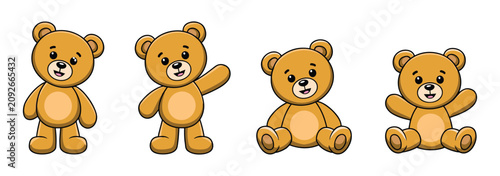 Schilderij op canvas Four Cute Teddy Bears in Different Poses