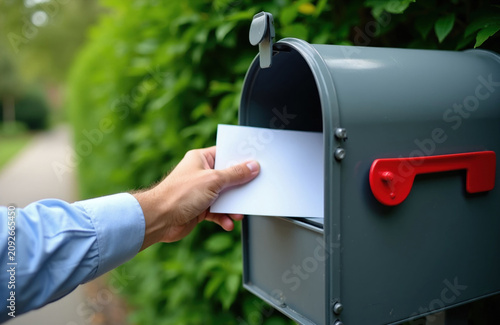 Man in blue shirt places white letter into grey mailbox. Person sends mail outdoors by green hedge. Communication and correspondence concept.