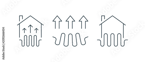 House heating icon set featuring rising warm arrows above a home, underfloor heating waves and multiple directional heating arrows for household warmth vector illustration.
