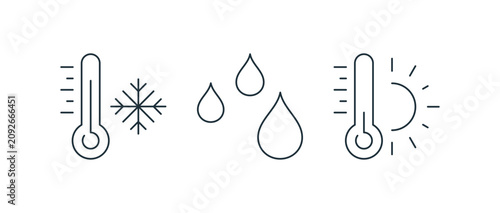 Foto Climate icon set featuring a freezing cold thermometer, falling water droplets and a sunny hot temperature symbol for indoor humidity and temperature monitoring vector illustration