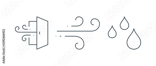 Obraz na plátně Ventilation icon set featuring a door with circulating airflow, a breeze wind symbol and falling water droplets for indoor air quality and humidity vector illustration