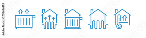 House heating icon collection featuring a radiator panel, rising warm arrows above a home, underfloor heating waves and thermometer symbol for household comfort vector illustration.
