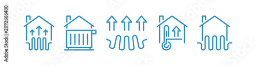 House heating icon set showing rising warm arrows above a home, radiator panel, underfloor heating waves and thermometer with directional arrow vector illustration.
