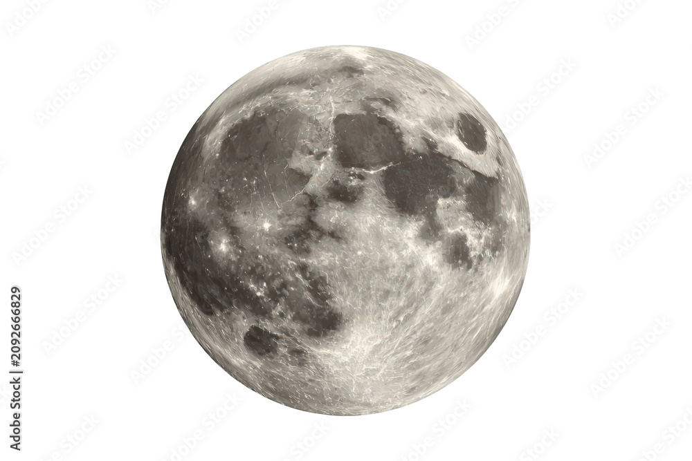 Obraz premium Full moon displaying craters and seas on lunar surface, earth satellite reflecting sunlight in space. Transparent background