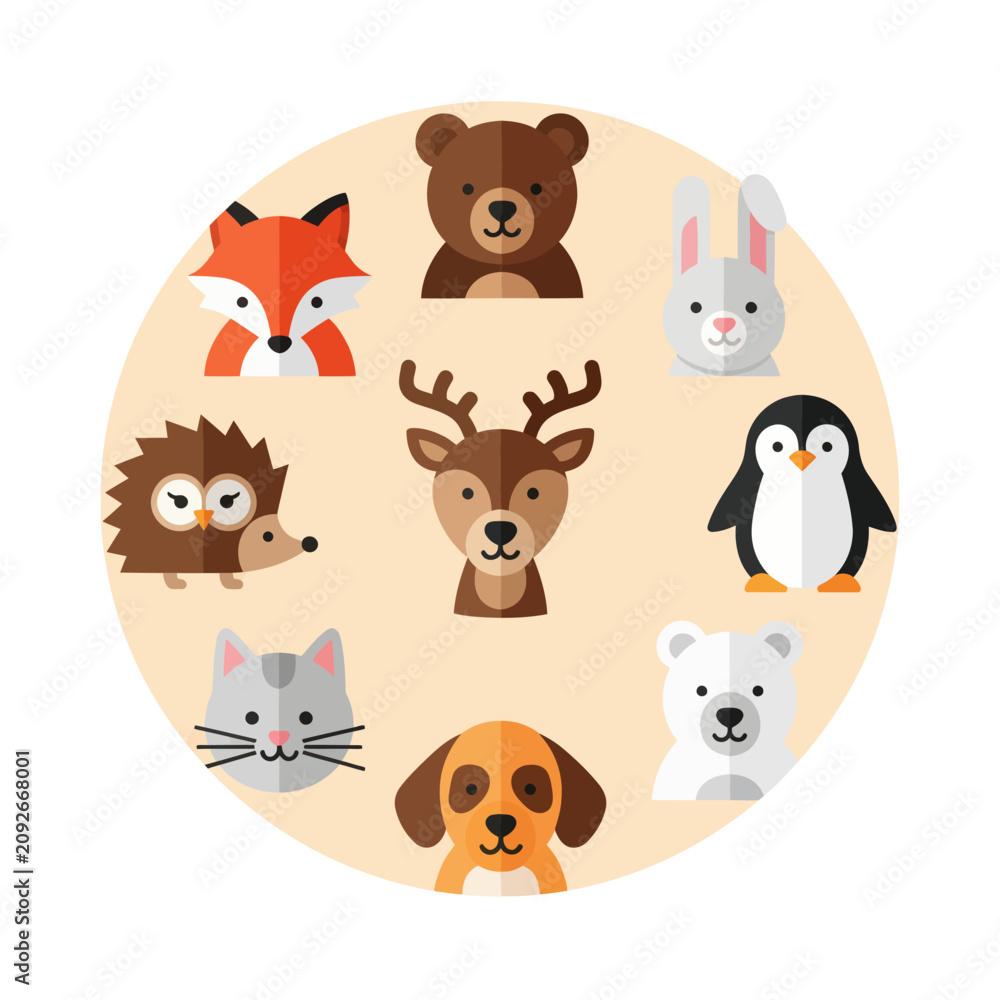 Obraz premium Cute Woodland Animals Circle Flat Design Icons