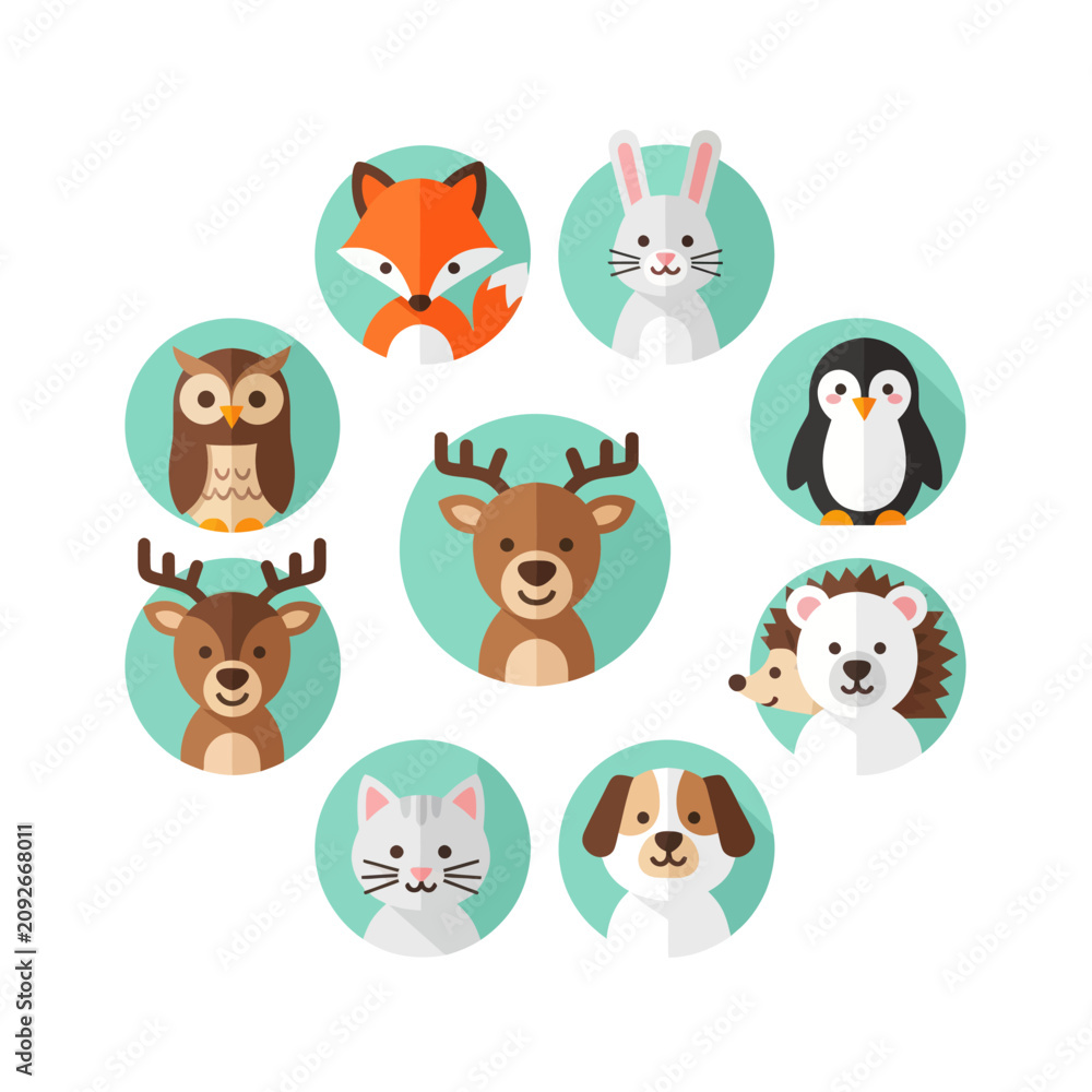 Obraz premium Cute Woodland Animals Circle Icons - Fox, Deer, Owl, Rabbit, Penguin, Hedgehog, Cat, Dog