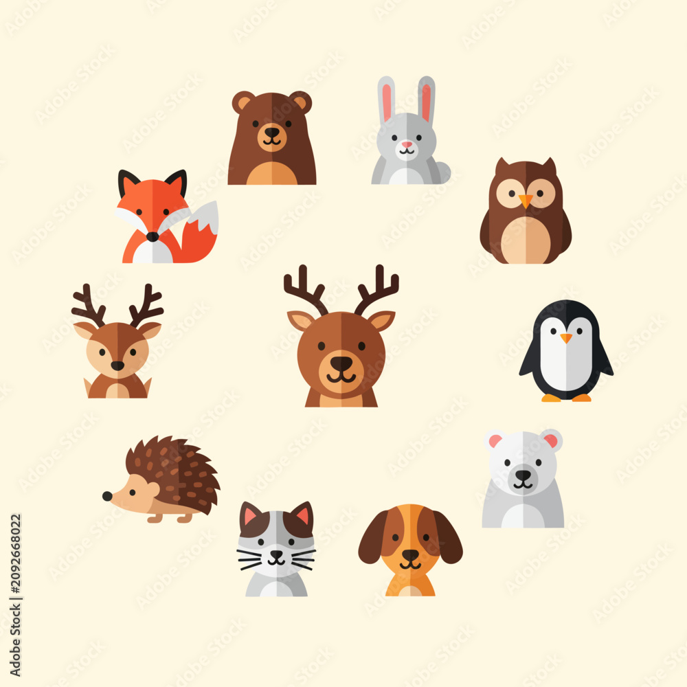Fototapeta premium Cute Woodland Animals Circle Icons Set: Fox, Bear, Deer, Owl, Penguin, Dog