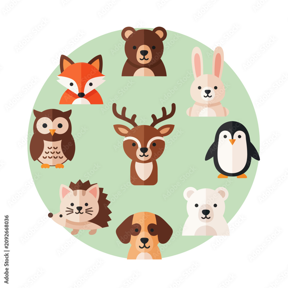 Naklejka premium Cute Woodland Animals Circle Illustration - Fox, Bear, Deer, Owl, Penguin, Dog, Bunny, Hedgehog