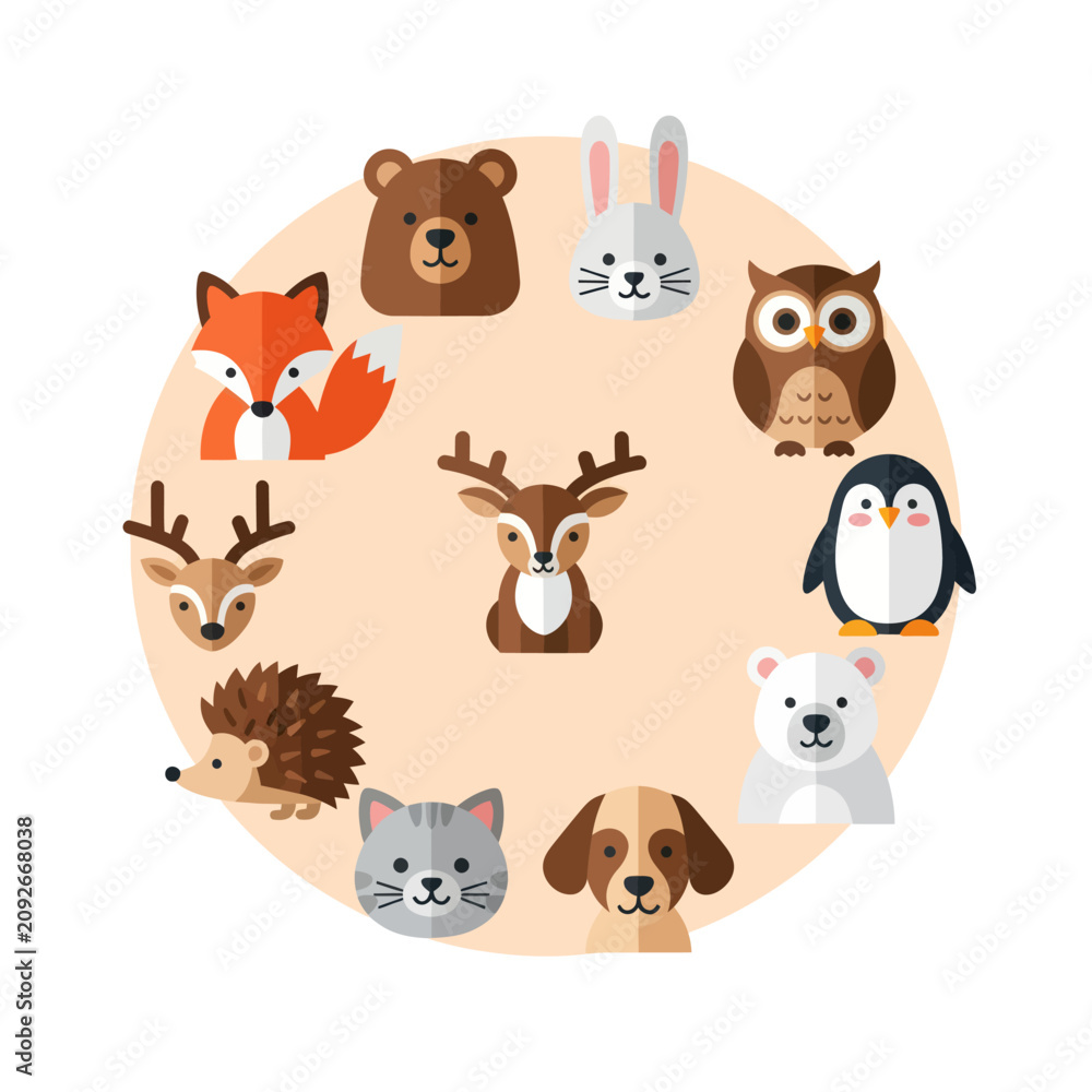 Naklejka premium Cute Woodland Animals Circle Illustration - Forest Creatures Cartoon Style