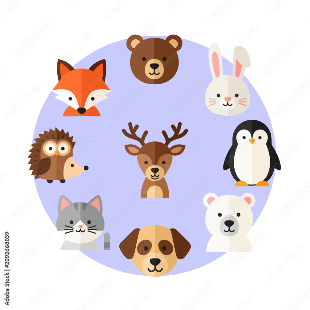 Fototapeta premium Cute Woodland Animals Circle Illustration - Fox, Bear, Rabbit, Deer, Penguin, Dog