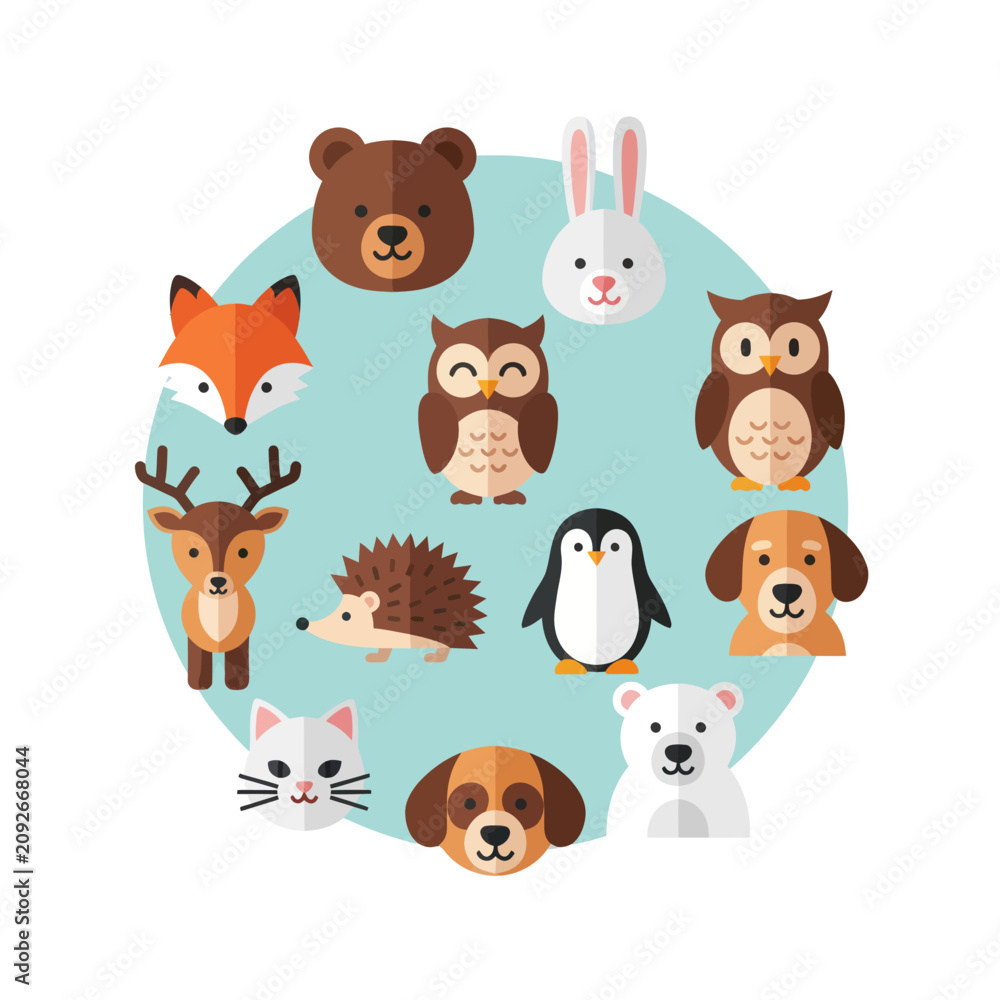 Obraz premium Cute Woodland Animals Circle Illustration - Fox, Owl, Bear, Deer, Hedgehog, Penguin, Dog, Cat