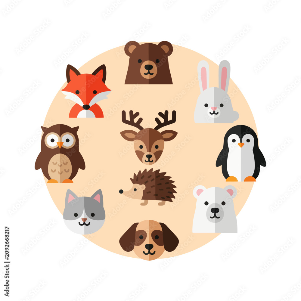 Fototapeta premium Cute Woodland Animals Collection Flat Design Vector Illustration