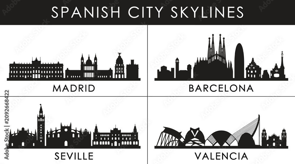 Naklejka premium Spanish City Skyline Landmark Icons Vector Set in Minimal Black and White Silhouette Style
