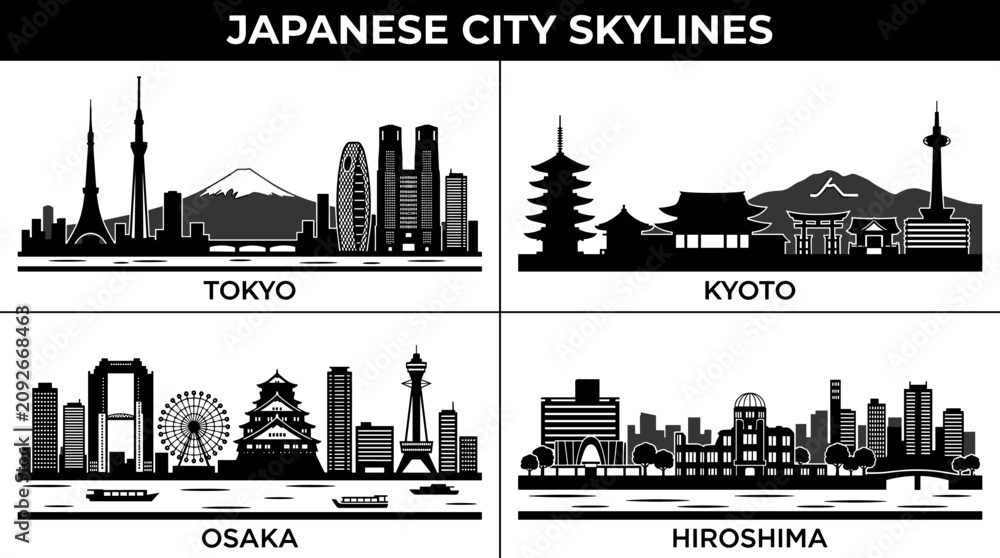 Naklejka premium Japanese City Skyline Landmark Icons Vector Collection in Minimal Black and White Silhouette Style