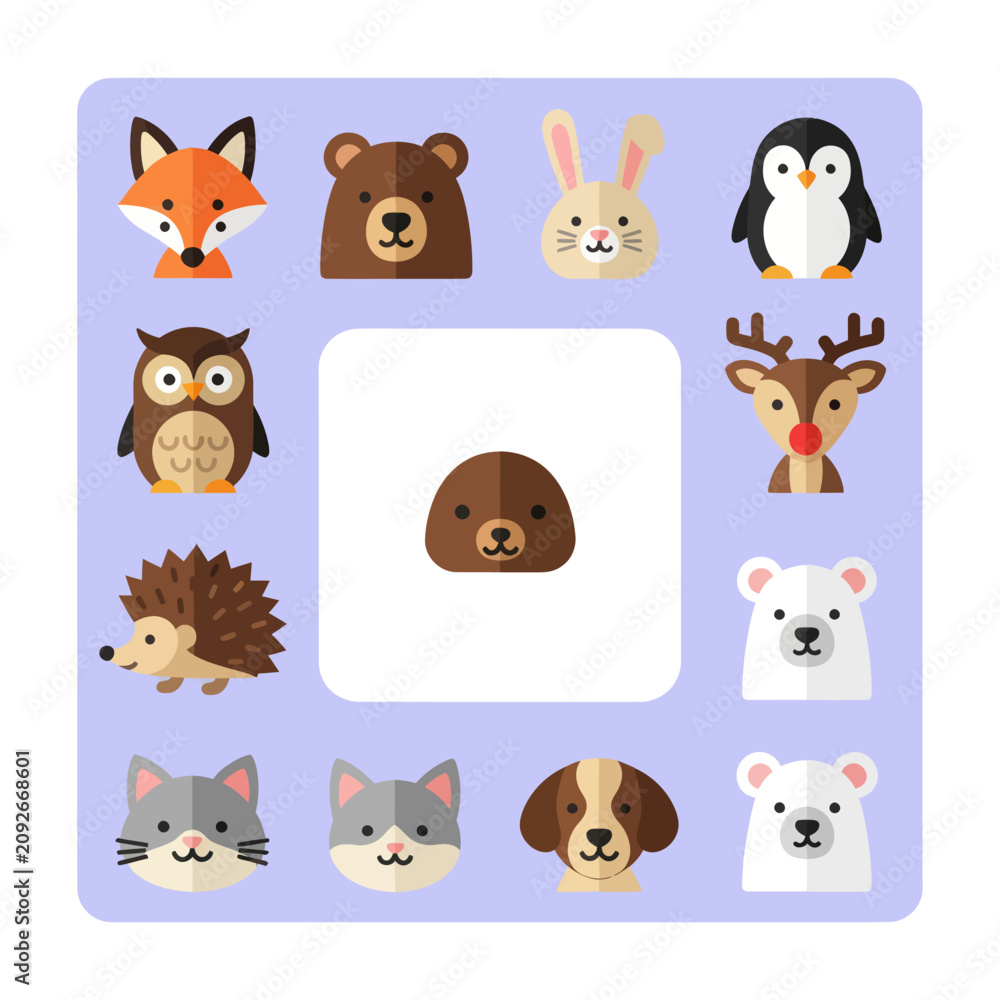 Obraz premium Cute Woodland Animals Flat Icons Set - Fox, Bear, Rabbit, Penguin, Owl, Deer, Hedgehog