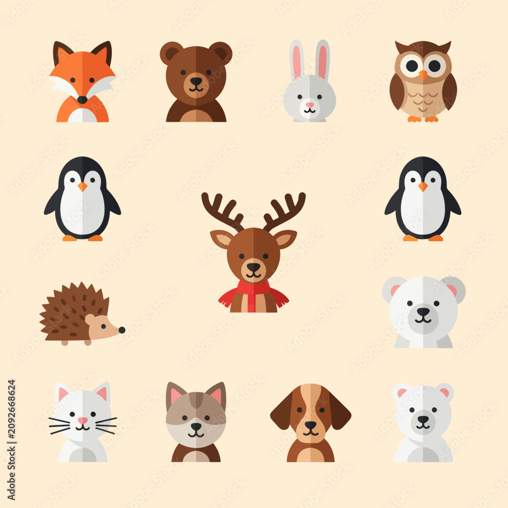 Naklejka premium Cute Woodland Animals Flat Icons Set: Fox, Bear, Rabbit, Owl, Penguin, Deer