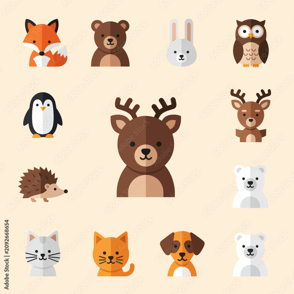 Fototapeta premium Cute Woodland Forest Animals Flat Icons Set - Fox, Bear, Rabbit, Owl, Penguin, Deer, Hedgehog