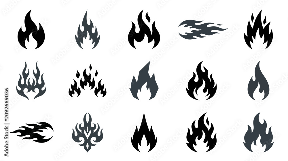 Obraz premium Black flame icons set, 15 tribal fire silhouettes vector, minimalist bonfire and campfire symbols, decorative heat and energy graphic elements