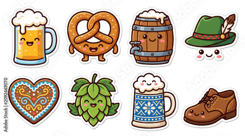 Oktoberfest Cute Sticker Vector Collection with Beer Mug Pretzel Barrel Alpine Hat and Festival Icons