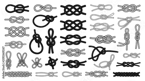 Bild auf Leinwand Nautical rope knots collection, black and white marine cordage set, 28 decorativ