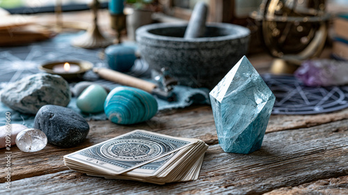 Mystical divination table with tarot cards, natural stones, and astrology tools, esoteric ritual setup, with copy space