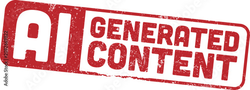 red grunge rubber stamp with the text AI GENERATED CONTENT, isolated on a white background. Concept for artificial intelligence transparency, content labeling, and synthetic media identification