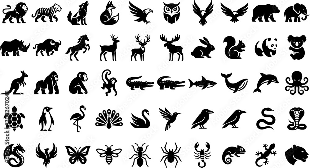 Fototapeta premium Black silhouettes of various animals