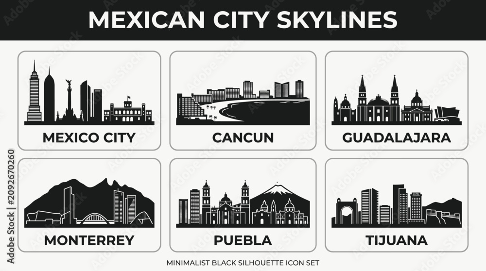 Naklejka premium Mexican City Skyline Landmark Icons Vector Set in Minimal Black and White Silhouette Style