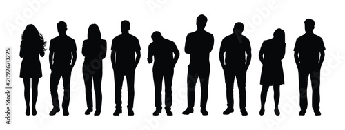 Group Silhouette: A diverse collection of human silhouettes stand together. A variety of figures, artistic representation, individuality, diverse crowd, abstract concept.