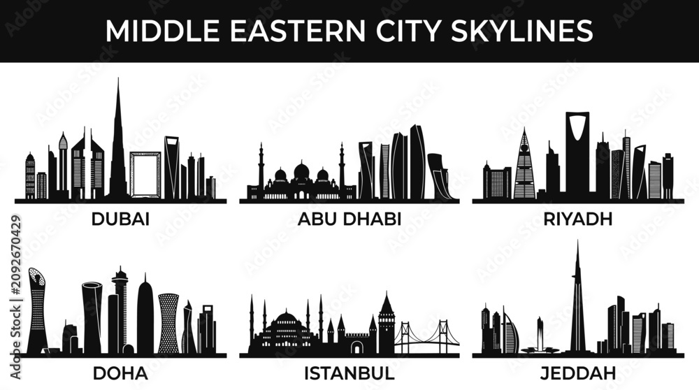 Obraz premium Middle Eastern City Skyline Vector Icon Set in Minimal Black Silhouette Travel Illustration Style