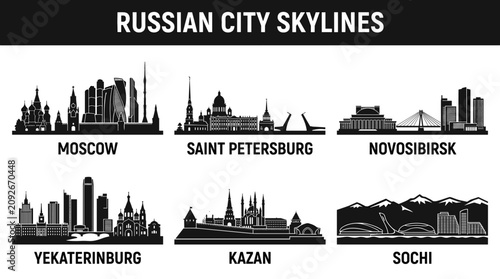 Bild auf Leinwand Russian City Skyline Vector Icon Set in Minimal Black Silhouette Flat Travel Sty