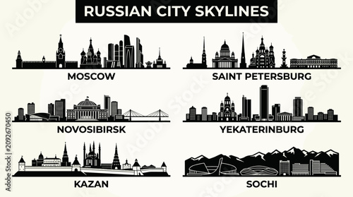 Foto Russian City Skyline Vector Icon Set in Minimal Black Silhouette Travel Illustra
