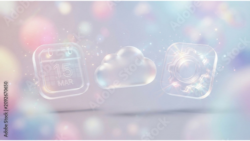 Futuristic abstract digital cloud computing concept with floating icons and data streams, representing high-speed internet, cloud storage, technology, and modern digital connectivity solutions.