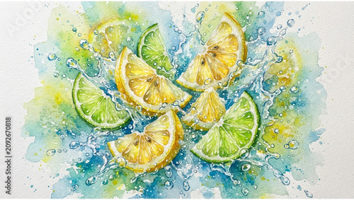 Refreshing sliced limes in crystal clear water with splashing bubbles, vibrant citrus fruit photography, summer cool drink concept, healthy food, bright green texture, high-quality macro food art.