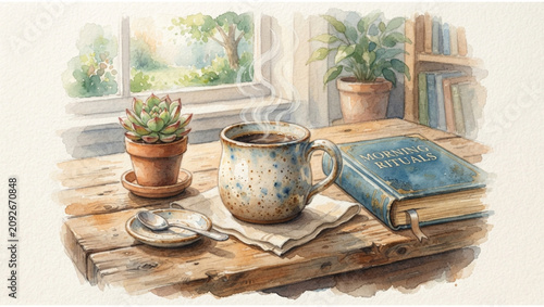 Cozy morning scene with a warm ceramic mug and an open book on a wooden windowsill, soft sunlight, peaceful home lifestyle, relaxing reading time, aesthetic indoor atmosphere, slow living concept