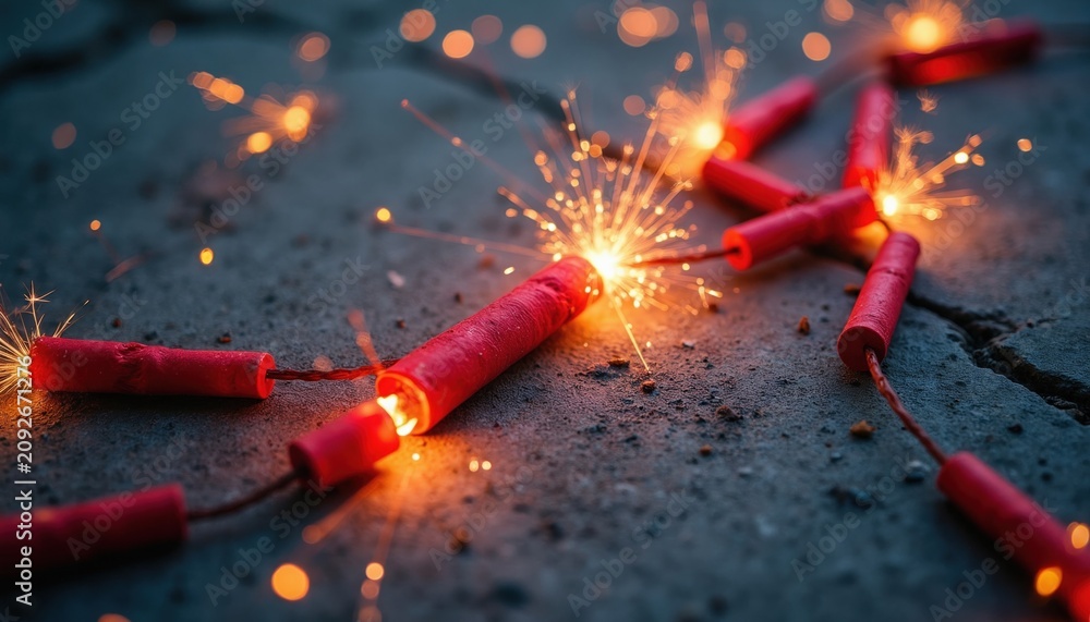 Fototapeta premium Red firecrackers on concrete surface sparkle and ignite in bright light. Festive celebration explodes with sparks and smoke creating a joyful, noisy atmosphere. Party boom with bright flashes.