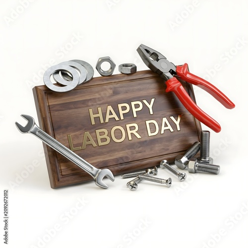 Happy labor day sign with metal tools and hardware