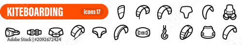 Foto Set of 17 kiteboarding and kitesurfing gear icons