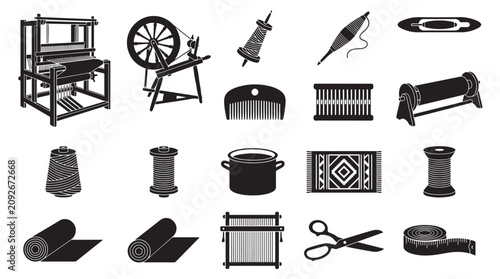 Canvastavla Traditional Textile Weaving Silhouette Collection Set with Loom, Spinning Wheel,